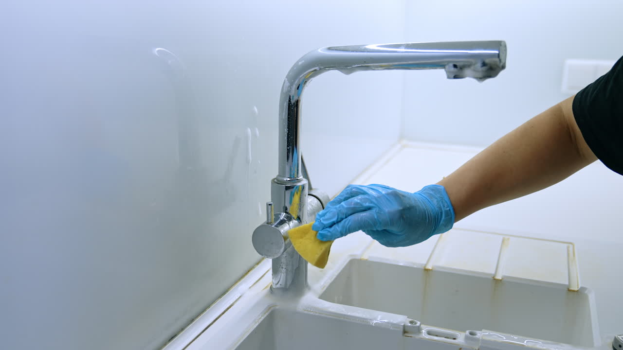 Shining a clean kitchen faucet. A person is scrubbing a modern kitchen faucet with a cloth, ensuring it looks clean and shiny