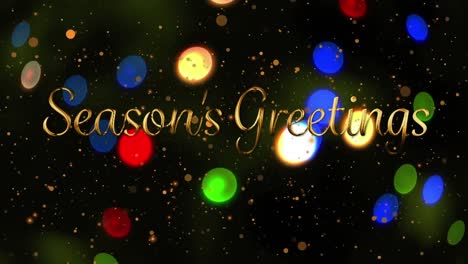 animation of seasons greetings text banner over glowing spots of light on black background