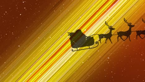 Animation-of-snow-falling-over-santa-claus-in-sleigh-with-reindeer-moving-on-yellow-background