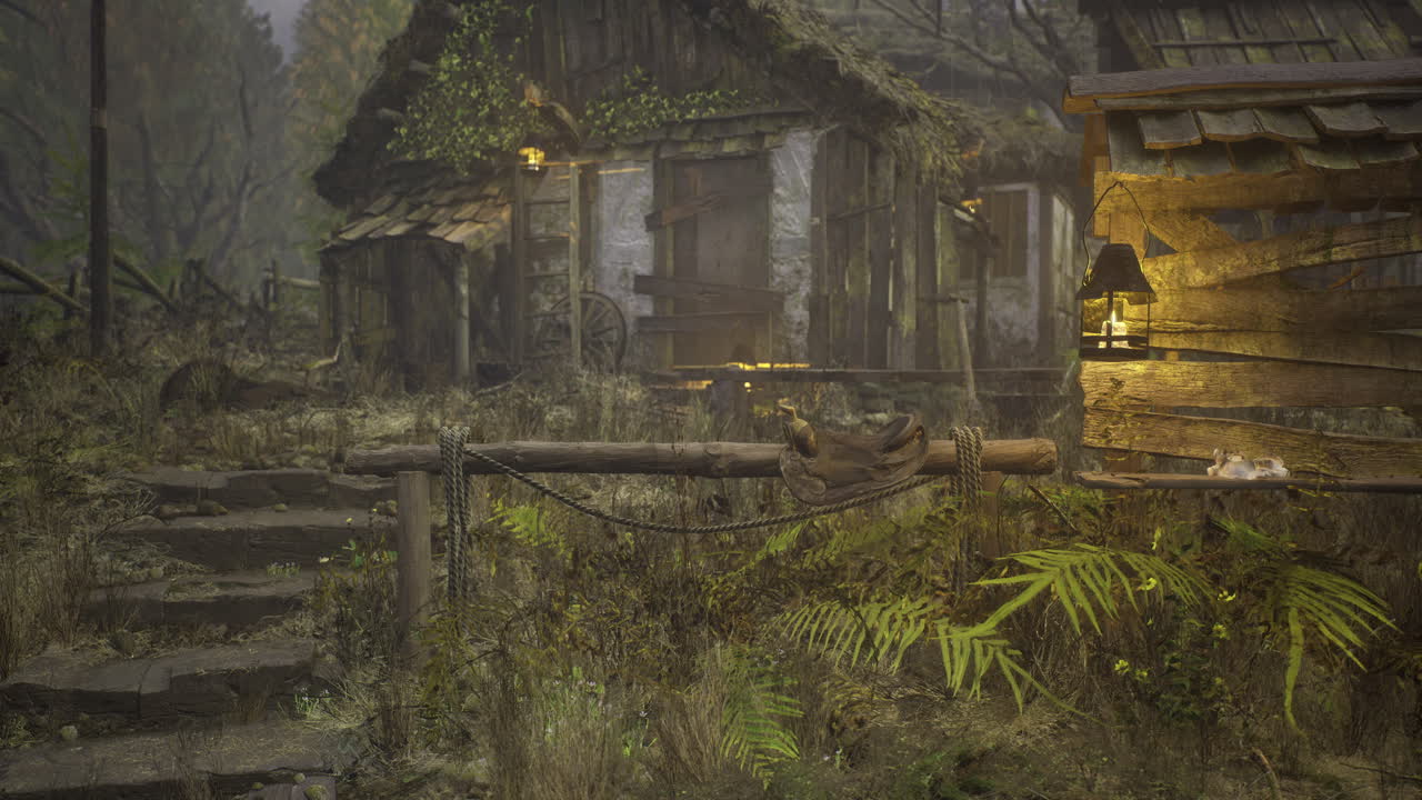 Mysterious forest village illuminated by warm light and natures embrace