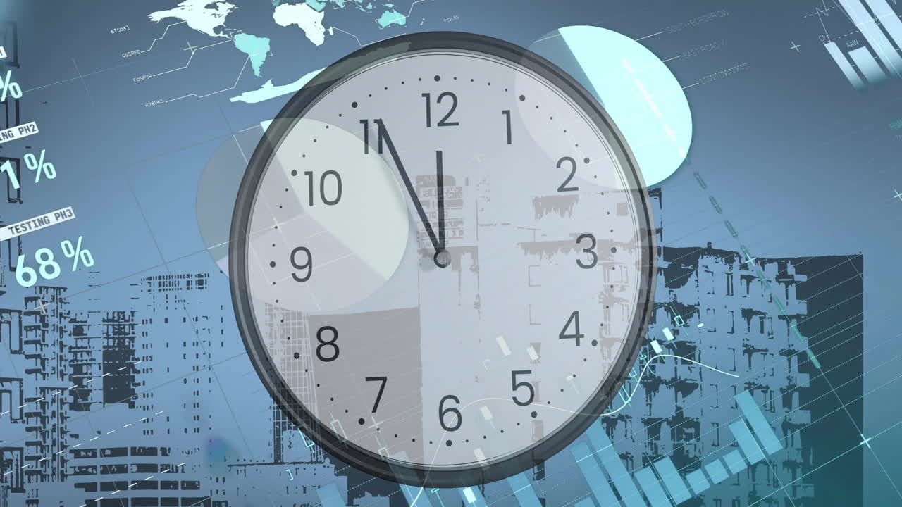 animación de diagramas y procesamiento de datos con reloj sobre el paisaje urbano