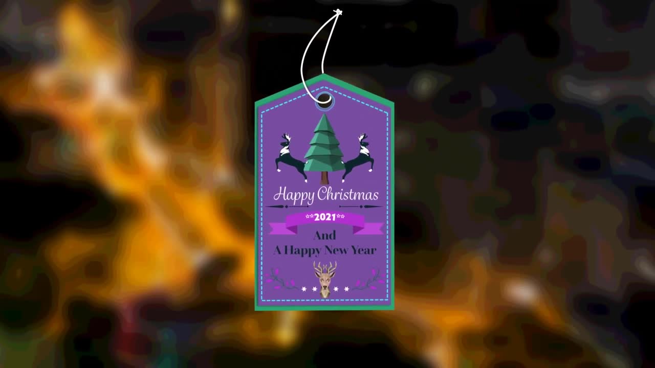 animación de felicitaciones de navidad en la etiqueta fuera de foco paisaje urbano en el fondo