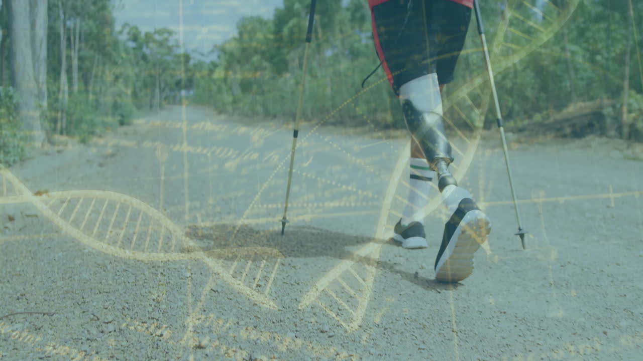 Athlete with prosthetic legs running on road, DNA strand animation overlay
