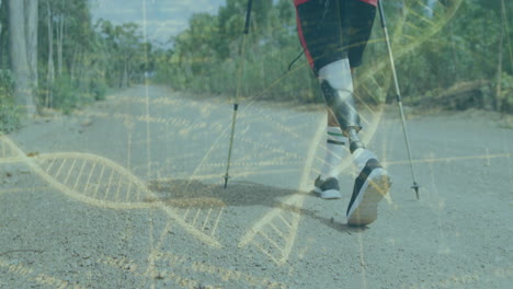 athlete with prosthetic legs running on road, dna strand animation overlay