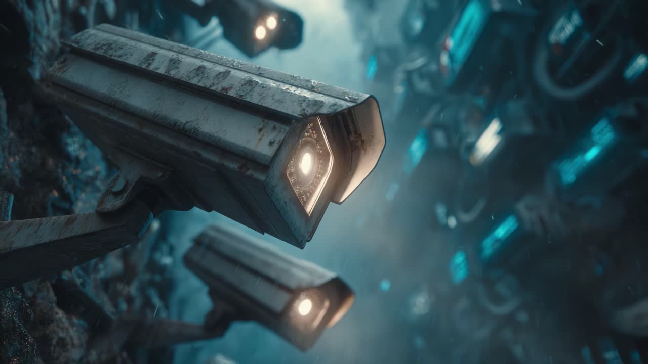 An exploration of surveillance technology showcasing multiple cameras in a dimly lit environment, highlighting the intricate mechanics and aesthetic of monitoring systems