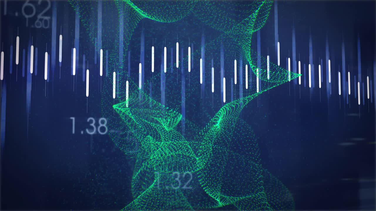 When dark blue gradient appears, white bars pulsing while green mesh rising to visualize analytics
