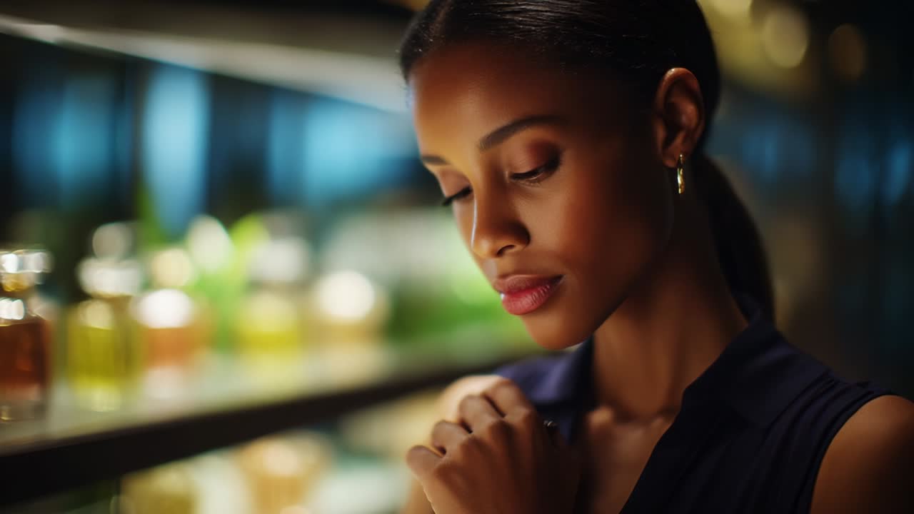 A Thoughtful Moment: A Beautiful Woman in Profile Stands by a Shelf of Colorful Perfume Bottles Reflecting on Life and Choices as Warm Light Illuminates Her Features and Creates an Enchanting Atmosphere