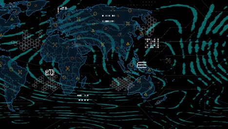 Animation-of-circular-pattern-over-circuit-board-pattern-on-map-against-black-background