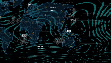 animación de un patrón circular sobre el patrón de la placa de circuitos en el mapa contra un fondo negro.