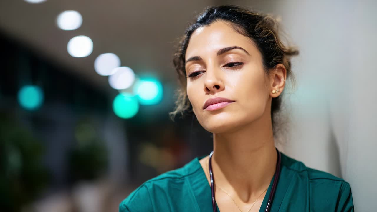 A contemplative healthcare professional exudes calm and focus in a serene setting, embodying the dedication and emotional resilience needed in the medical field during challenging times