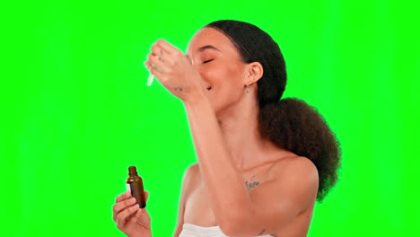 Serum,-skincare-and-face-of-woman-on-green-screen