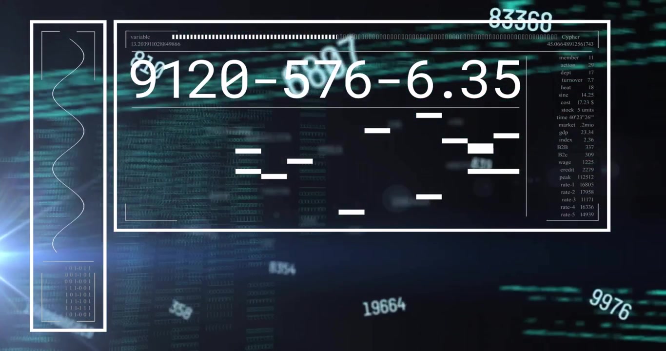 Flusso di dati digitali con valori numerici variabili e codice