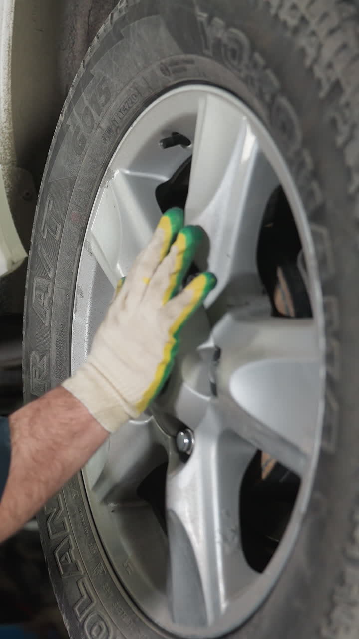 mecánico en uniforme azul con mano peluda y guantes blancos sonriendo mientras ajusta y alinea el neumático del coche en el taller de reparación de automóviles, asegurando el posicionamiento adecuado y la seguridad