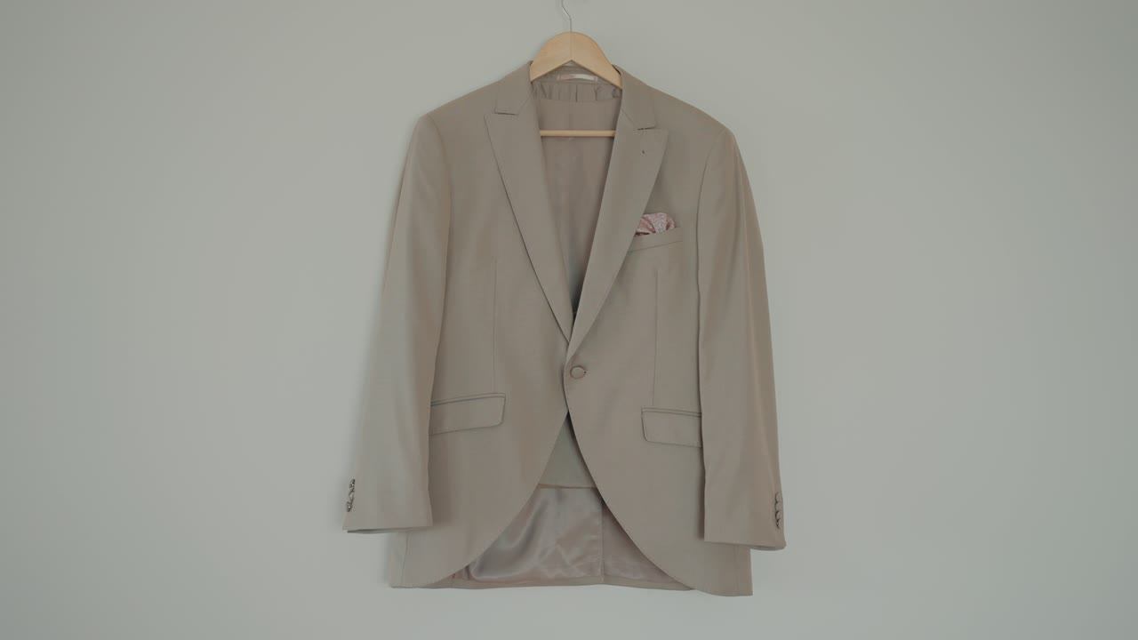 Vista completa di un blazer da sposo beige a bottone singolo con fazzoletto da taschino rosa su una gruccia di legno.