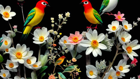 flowers and birds animated overlay, transparent 4k video, alpha channel, prores 4444