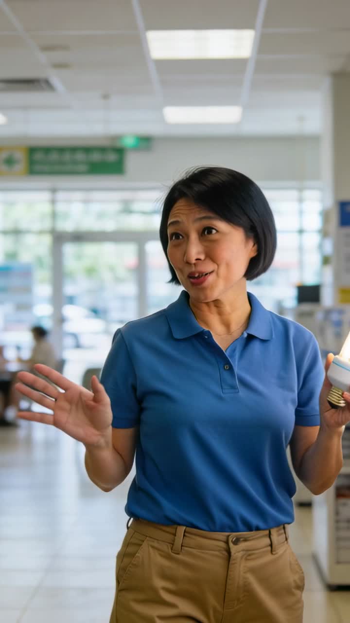 Vertical video: Retail staff on customer request showing LED bulb pointing base explaining features