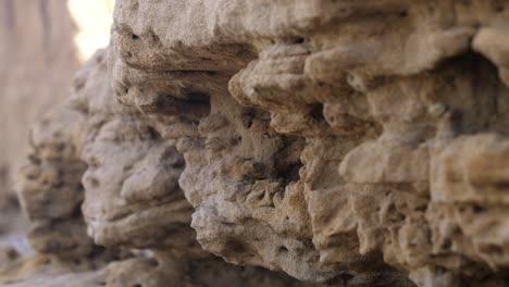 rack focus view along weathered eroded sandstone rock wall