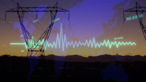 animation of financial data processing over electric pylons in countryside