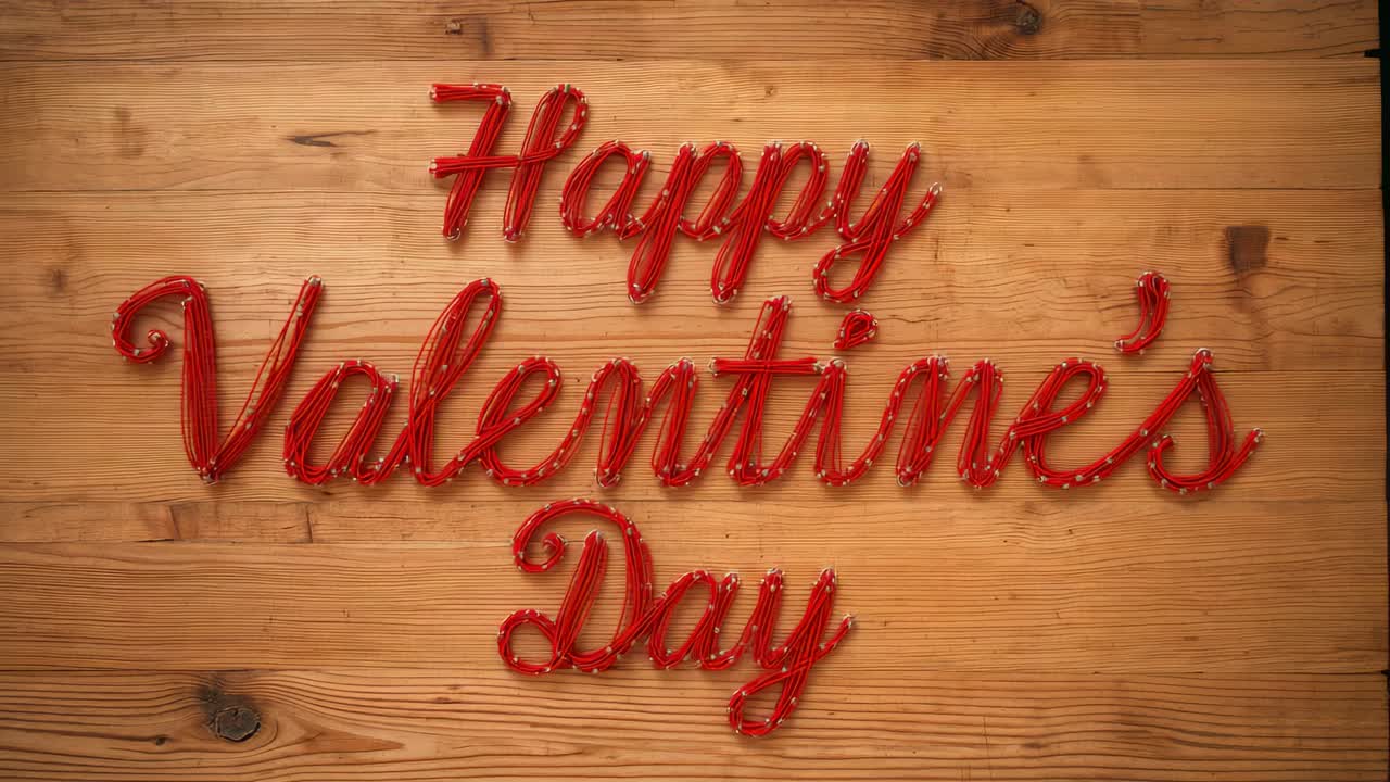 Starting top-left glow, animating red rope cursive Happy Valentine's Day with moving bulbs on wood