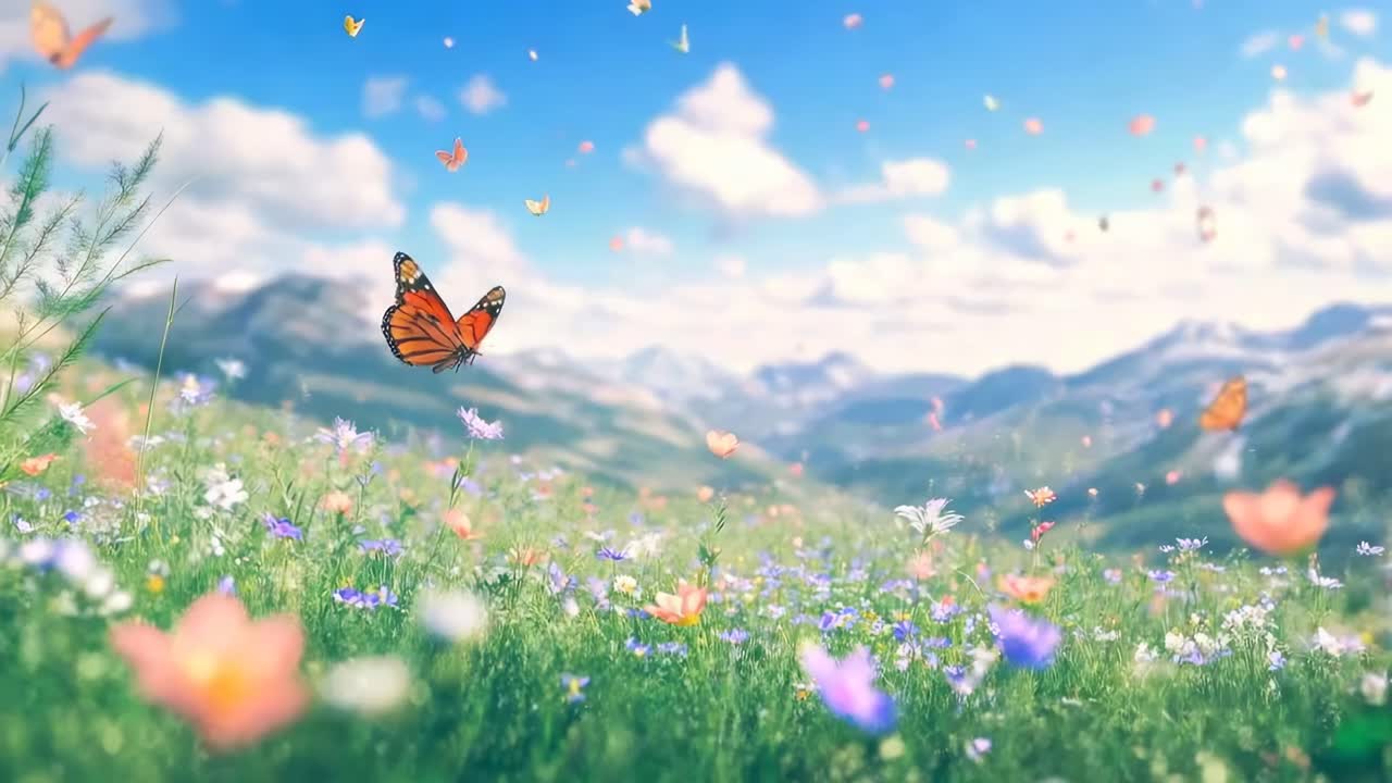 空撮映像で、色鮮やかな草原を舞う鮮やかな蝶をパノラマビューで捉えました。