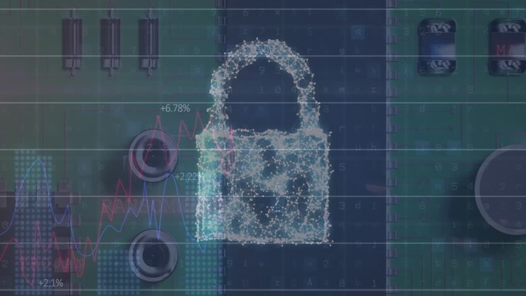 Animation of security padlock over data processing on dark background