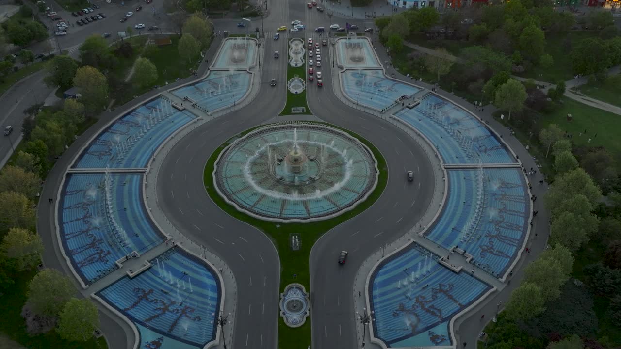 Water Fountain In The Union Square Of Bucharest, Romania. - aerial