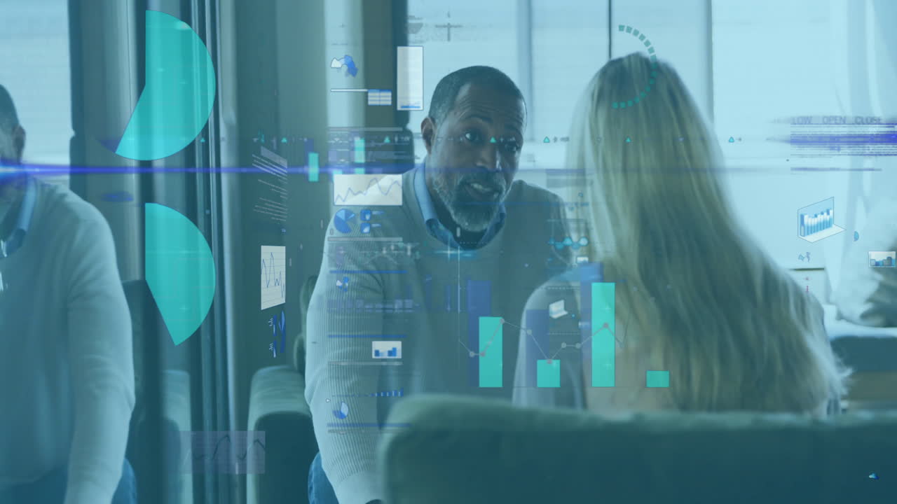 Business data analytics animation over diverse colleagues discussing in office