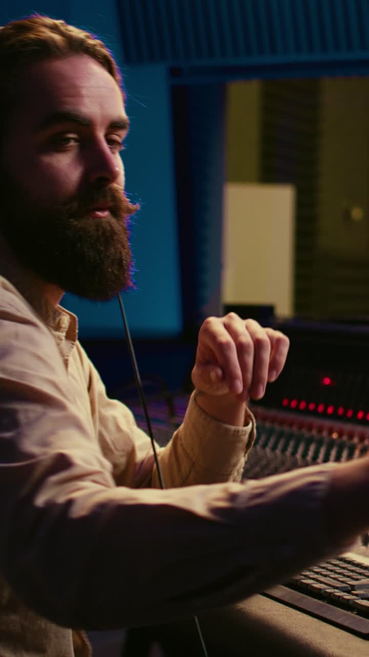 Fonico concentrato che lavora in uno studio di registrazione professionale