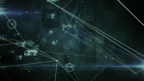 animation of network of connections and data processing against square shapes on black background