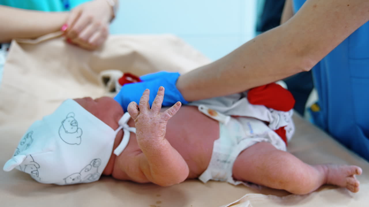 Tiny newborn baby is dressed by the nurse. Child dislikes the process but doesn't cry. Side view close up.