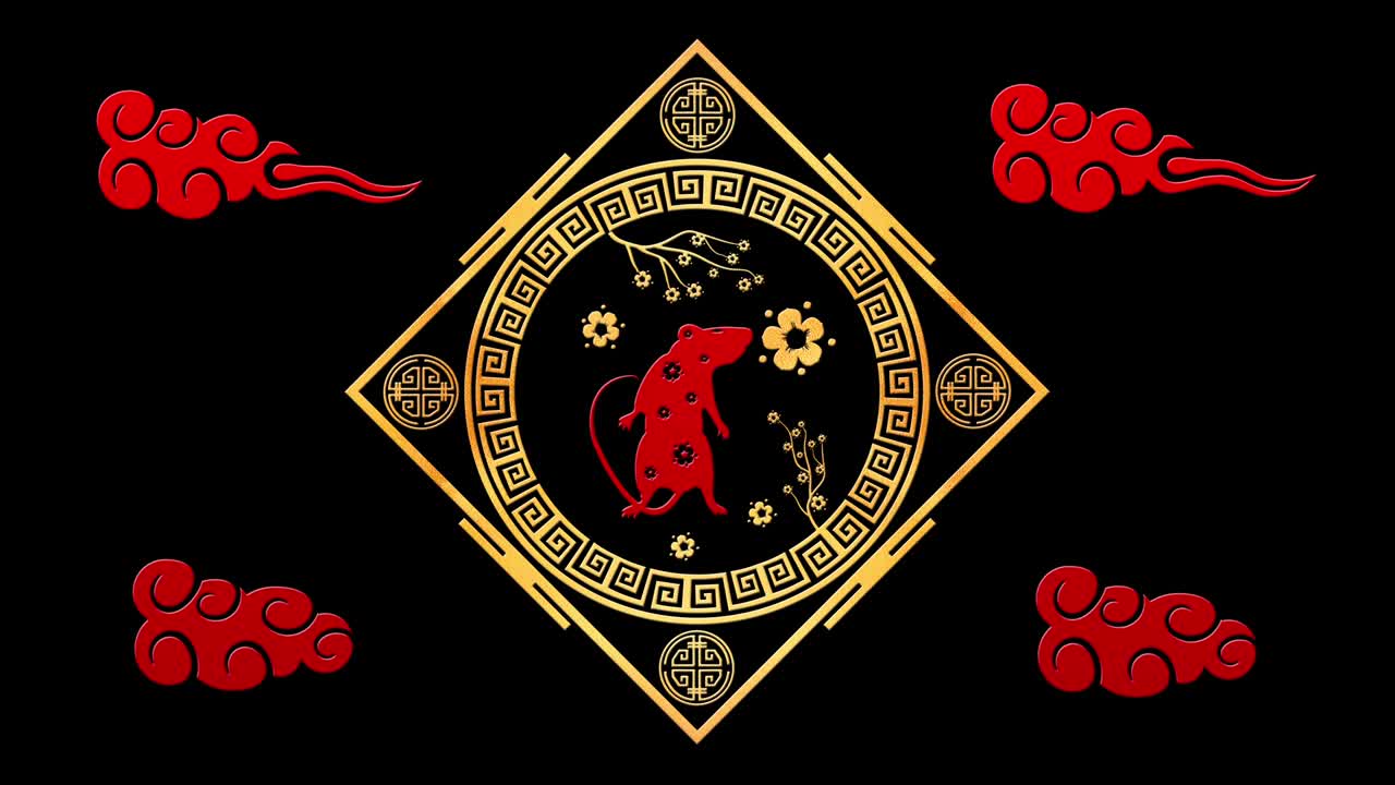 fondo de año nuevo chino rojo con oro, rata, fuegos artificiales, 3d rendering bucle 4k. mágica feliz año nuevo animación