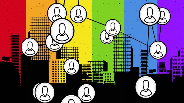 Animation of connected icons over digital buildings against multicolored stripes in background