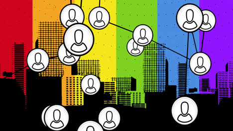 animation of connected icons over digital buildings against multicolored stripes in background