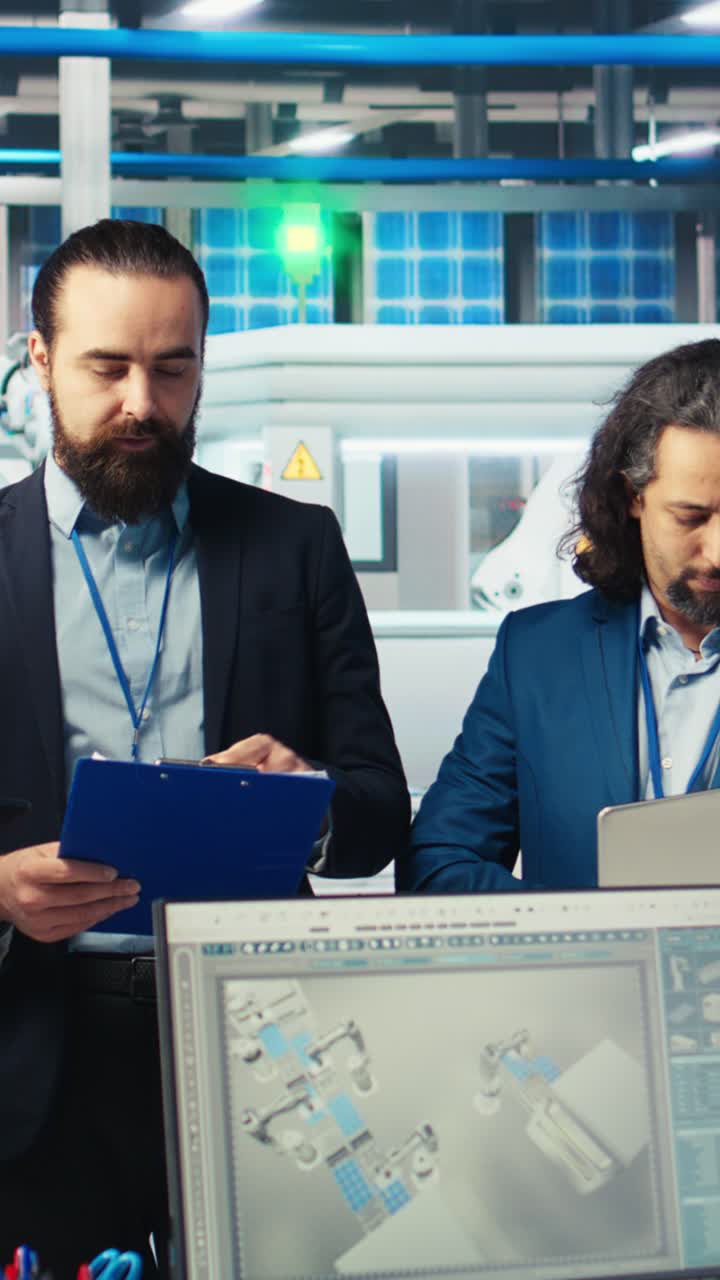 Vertical Video Portrait Of Happy Supervisors Inspecting Solar Plant Machinery
