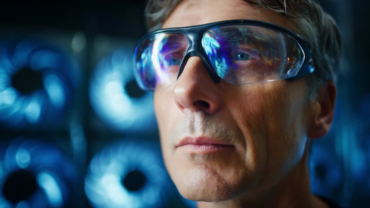 Close-Up of a Focused Individual Wearing Protective Eyewear in a High-Tech Environment, Emphasizing Strength, Precision, and Innovation in a Modern Setting with Blue Lighting