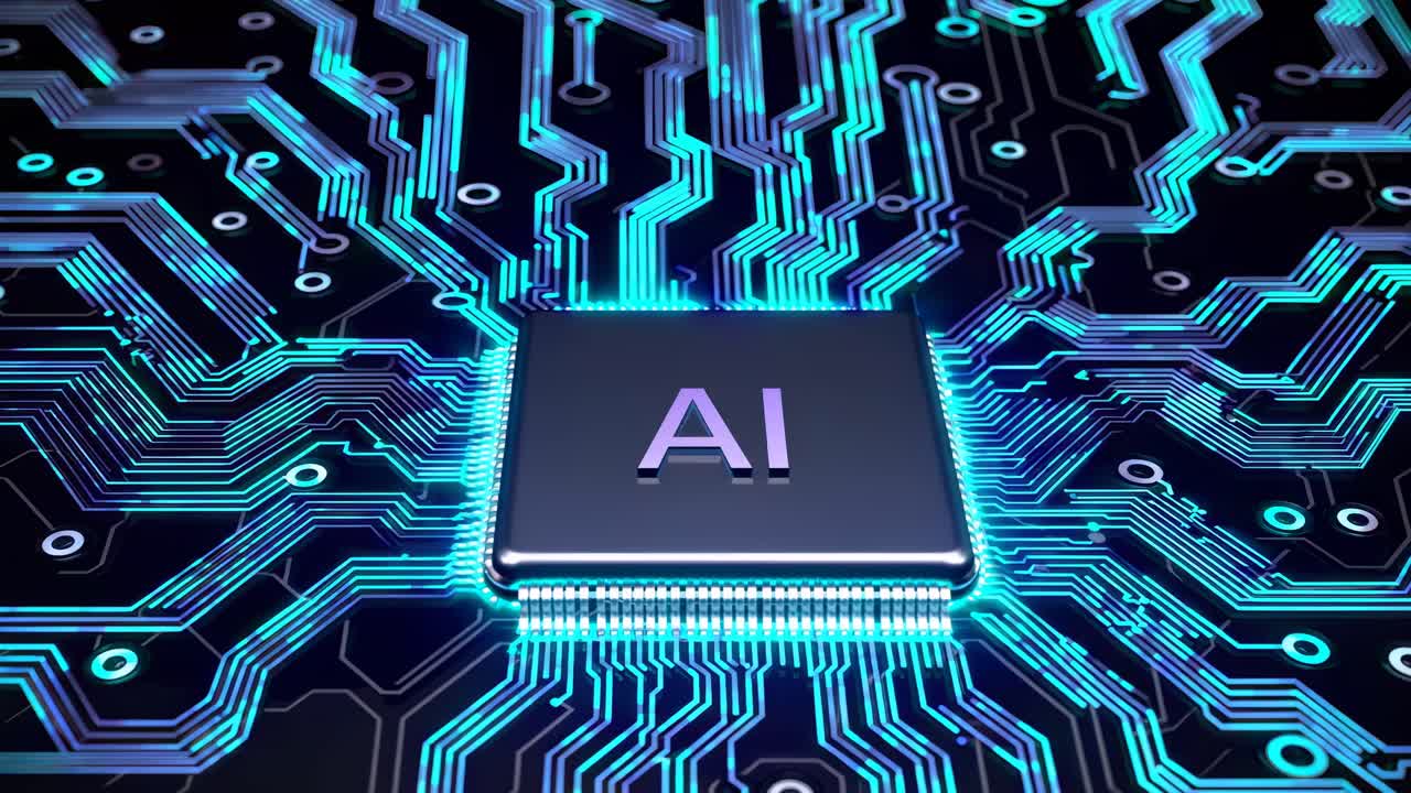 Top-down view of a glowing AI microchip on a circuit board, showcasing a futuristic tech concept