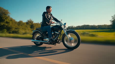 man riding a motorcycle on a scenic road