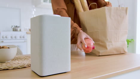 Close-up-view-of-smart-speaker-in-the-kitchen