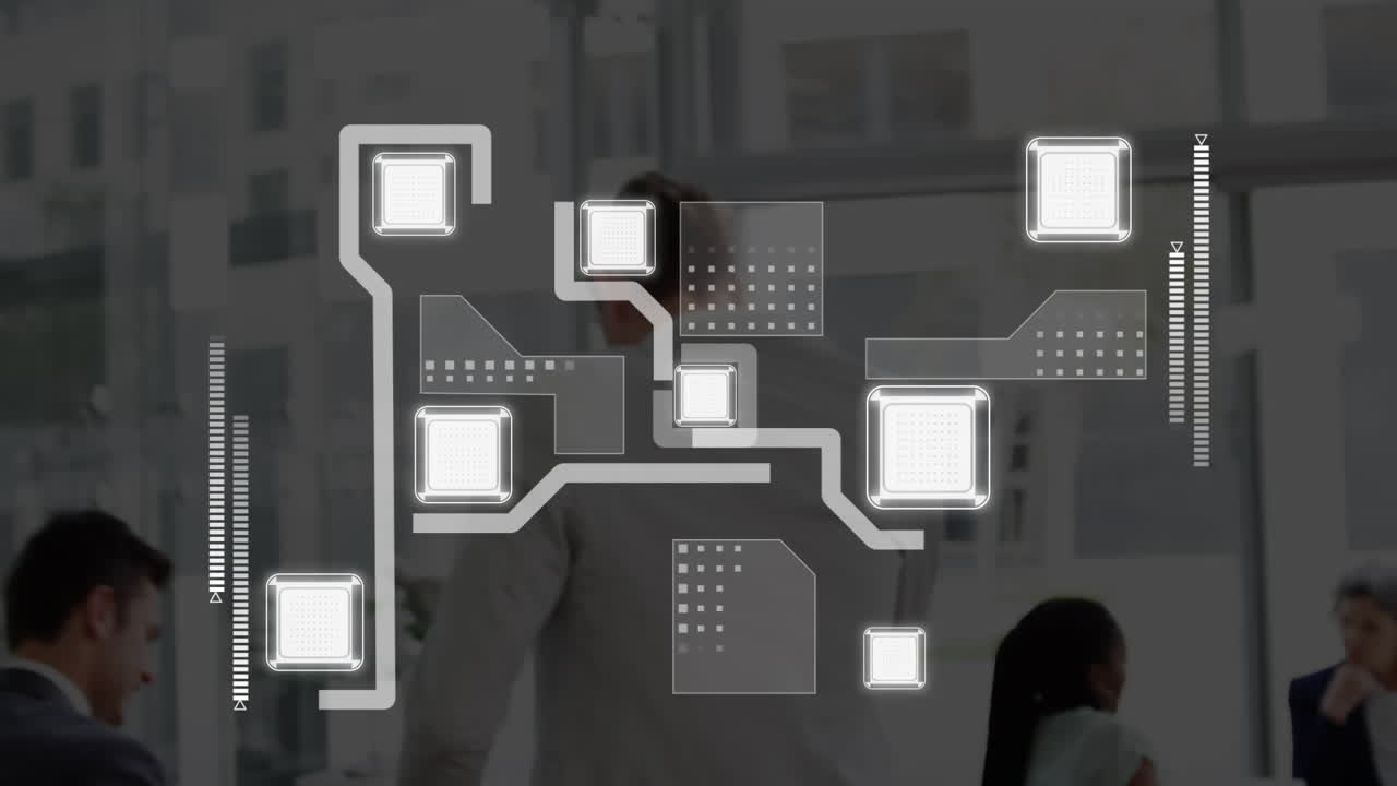 animación de un circuito integrado sobre la vista posterior de un hombre de negocios caucásico en la oficina