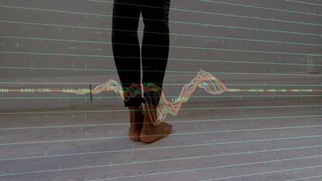 walking barefoot, person over animation of graph lines and data points