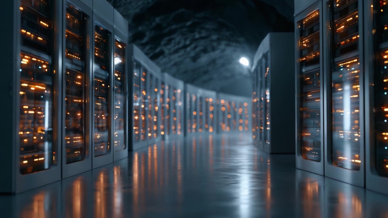 Exploring a Futuristic Data Center: A Glimpse into the Heart of Technological Infrastructure with Rows of Servers Illuminated by Dynamic LED Lights