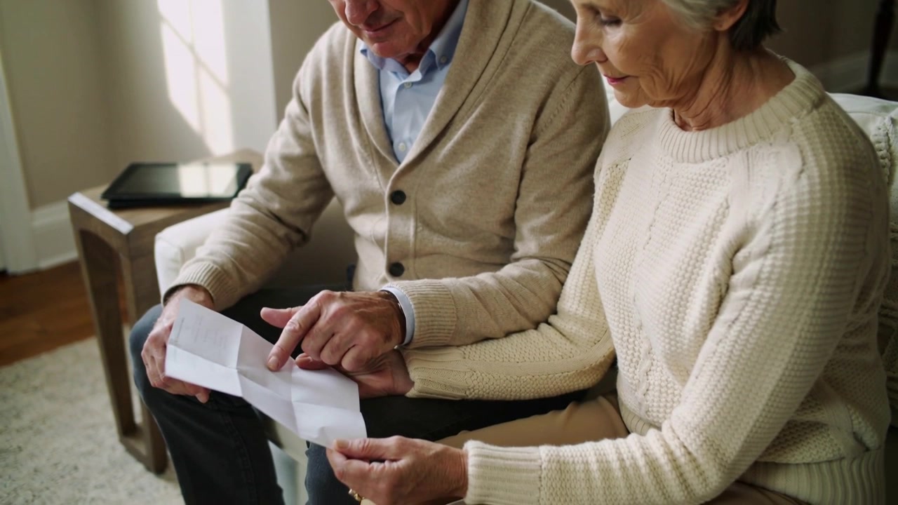 Uomo in cardigan che indica un documento sul divano, con il partner che lo segue e lo esamina, con un tablet.