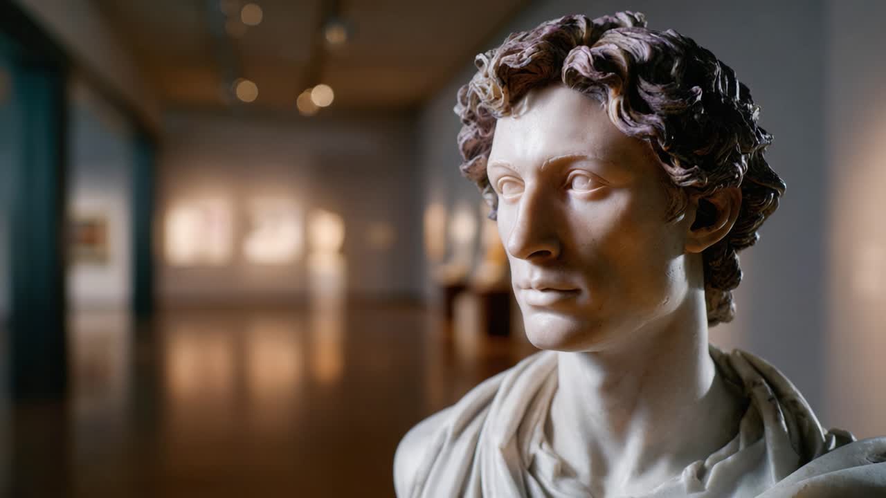 Splendida scultura in marmo di una figura classica esposta in una galleria d'arte con luci soffuse e un'atmosfera accogliente che riflette il patrimonio culturale e l'eccellenza artistica.