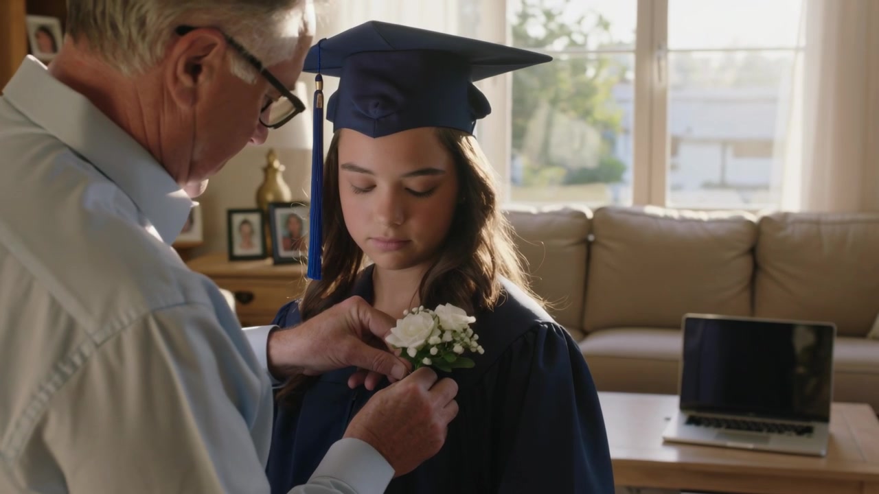 Uomo che si avvicina e allaccia un corsage a una laureata con tocco e toga blu scuro a casa, prima della laurea