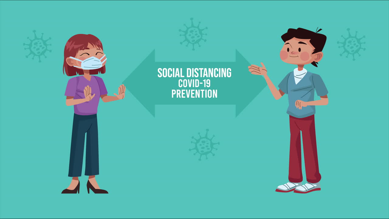 couple with social distancing covid19 prevention message campaign