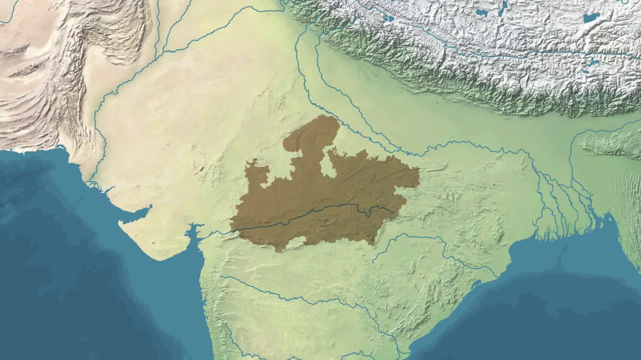 zoom en mapa de satélite animado del estado o provincia de madhya pradesh de la india con área reveladora