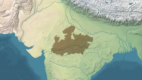 zoom in animated satelite map of madhya pradesh state or province of india with area revealing