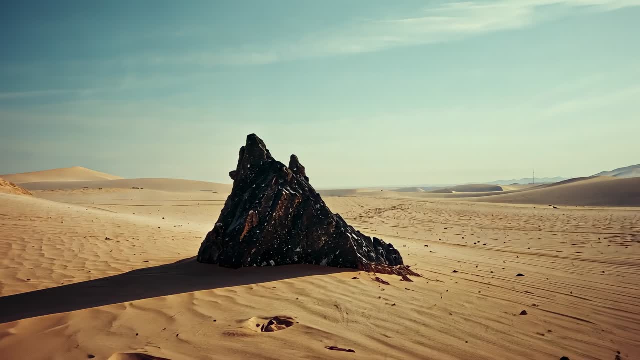 Telecamera in movimento che si avvicina a una roccia scura, solitaria e frastagliata su una pianura di sabbia increspata, rivelando delle impronte