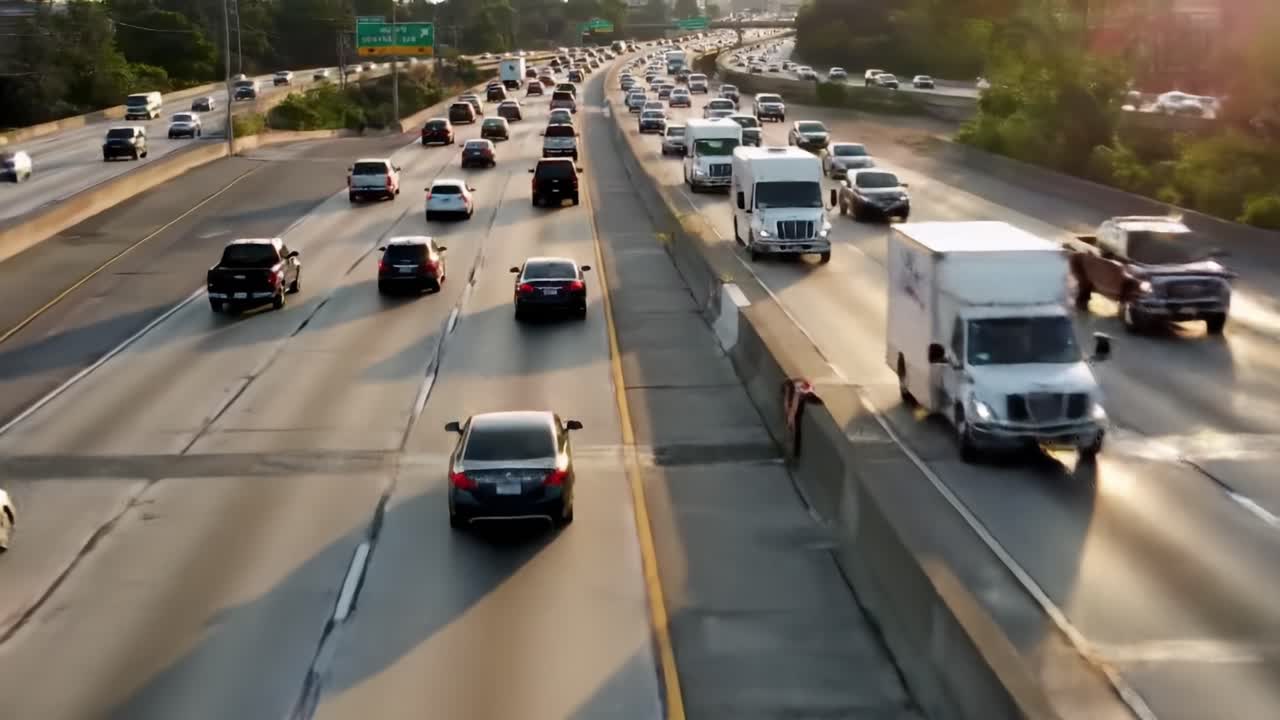 Bustling City Highway: Evening Traffic Flow with Vehicles Navigating Busy Lanes on a Sunset-Illuminated Freeway Panorama in Urban Landscape