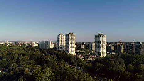 Drone-view-of-city-and-trees,-Katowice,-Poland